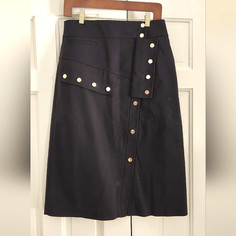 TIBI • Black Midi Skirt with Snaps, A-Line Style, Size 8